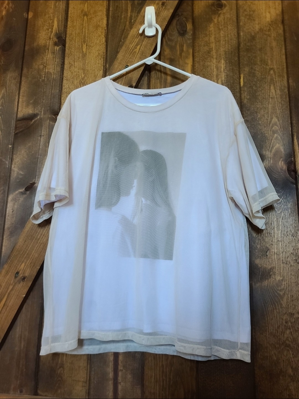 Zara Layered Mesh Graphic White Tee Cream Overlay Size L Boat Neck Short Sleeve